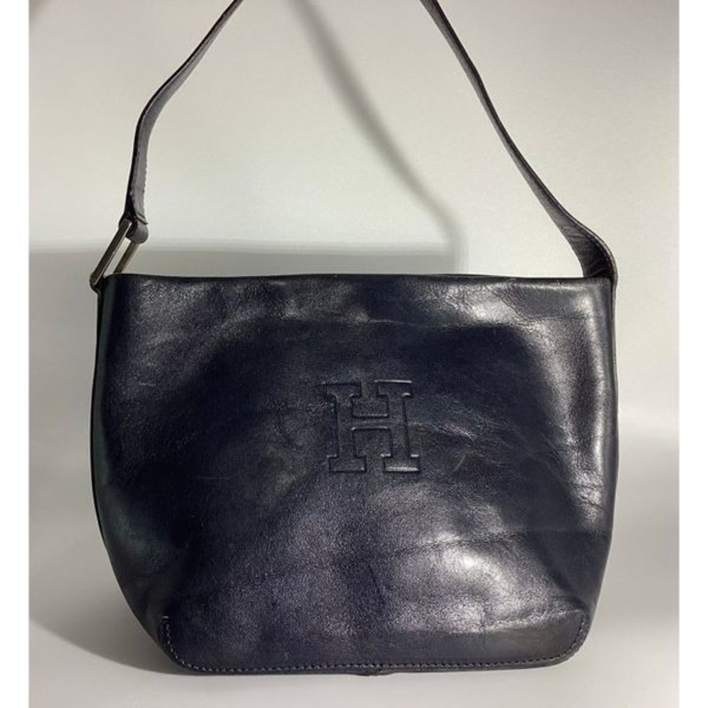 Hirofu Navy Blue Leather Shoulder Bag Embossed H Logo Made in Italy